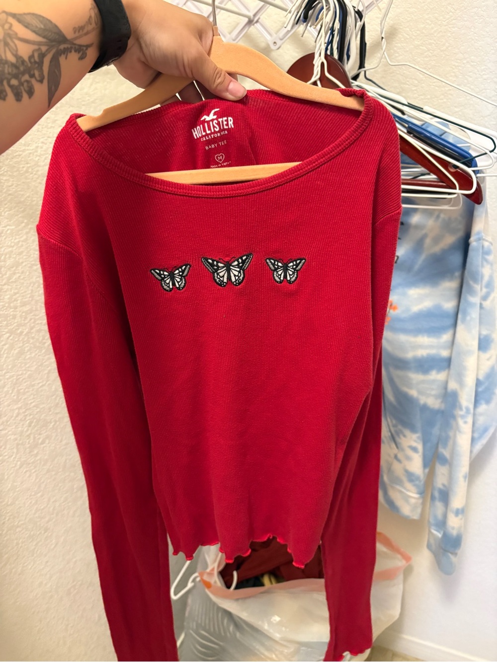 Hollister Red Long-Sleeve Butterfly Crewneck